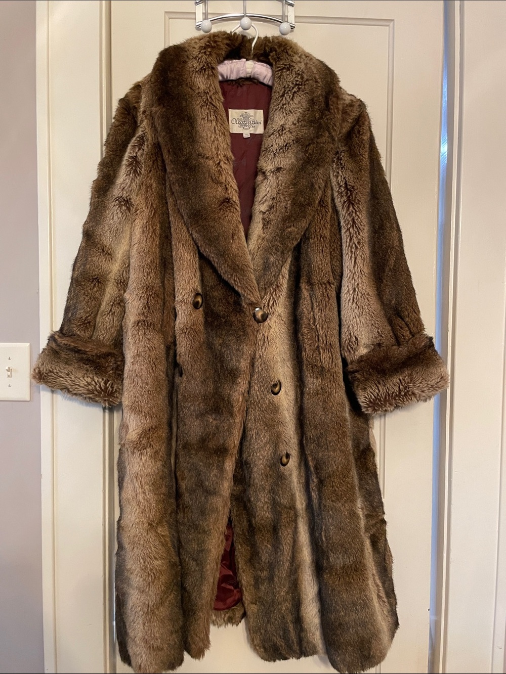Vintage Oleg Cassini Brown Faux Fur Double-Breasted Long Coat